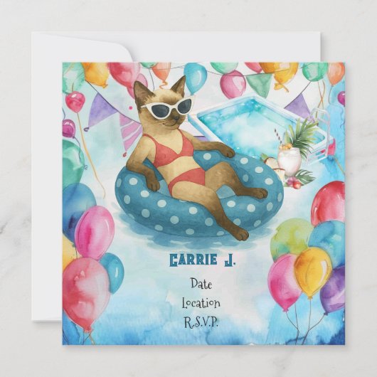 Pool Birthday Party for Cat Lovers   Einladung (Vorderseite)