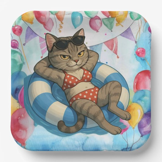 Pool Birthday Party for Cat Lovers Pappteller (Vorderseite)