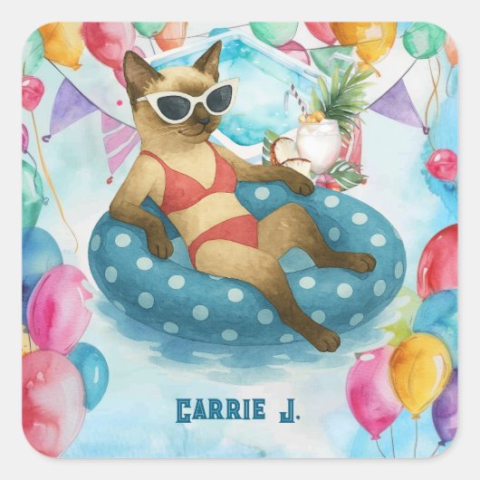Pool Birthday Party for Cat Lovers Quadratischer Aufkleber (Vorderseite)