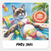 Pool Birthday Party for Cat Lovers Quadratischer Aufkleber (Vorderseite)