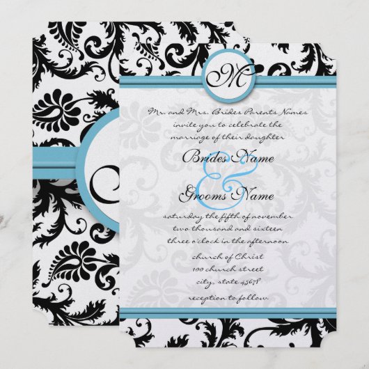 Pool Blue Damask Wirbel Hochzeit Einladung 5 x 7 (Vorne/Hinten)