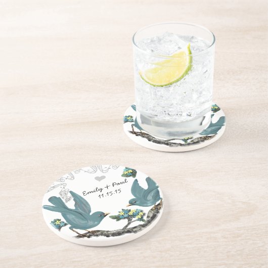 Pool Blue & Yellow Vintag Love Birds Untersetzer (Seite)