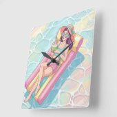 Pool Day Relaxing Girl Quadratische Wanduhr (Winkel)