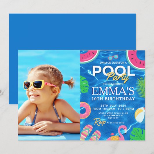 Pool Foto Geburtstagsparty Einladung (Vorne/Hinten)