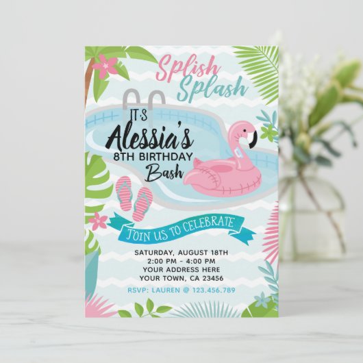 Pool Geburtstagsparty Einladung (Stehend Vorderseite)