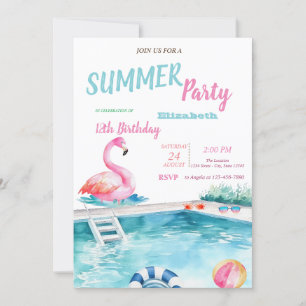 Pool Glasses Flamingos Sommer Geburtstagsparty Einladung