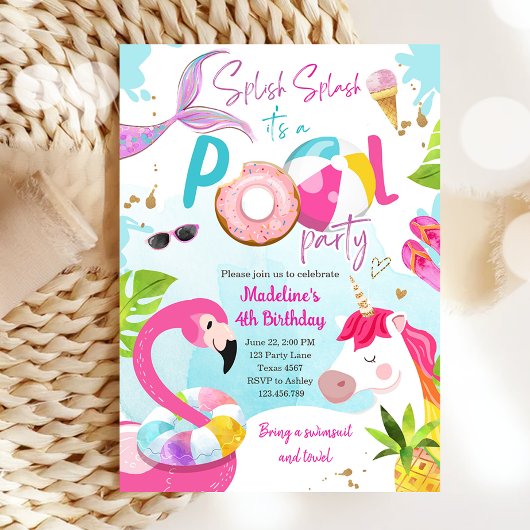 Pool Party Bash Unicorn Mermaid Flamingo Geburtsta Einladung