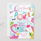 Pool Party Bash Unicorn Mermaid Flamingo Geburtsta Einladung (Vorderseite)