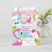 Pool Party Bash Unicorn Mermaid Flamingo Geburtsta Einladung (Stehend Vorderseite)