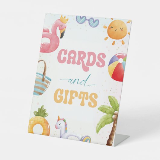 Pool Party, Beach Birthday Party Cards und Geschen Sockelschild (Vorderseite)