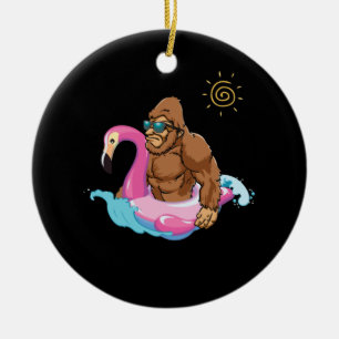 Pool Party Bigfoot Flamingo Sasquatch Pink Float Keramik Ornament