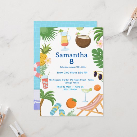 Pool Party Birthday Invitation - Summer Theme Einladung (Vorderseite/Rückseite Beispiel)