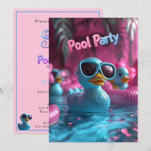 Pool Party Blaue Gummiente Pink Blau Glitter Text Einladung (Vorne/Hinten)