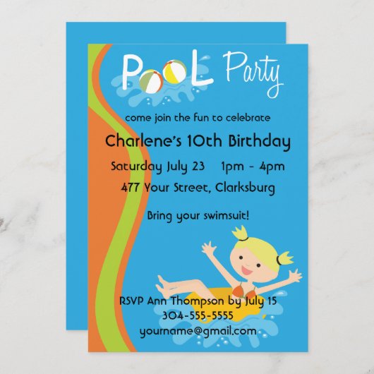 Pool-Party Blonde Einladung (Vorne/Hinten)