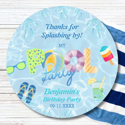 Pool Party Boy Birthday Gefallen Vielen Dank Runder Aufkleber
