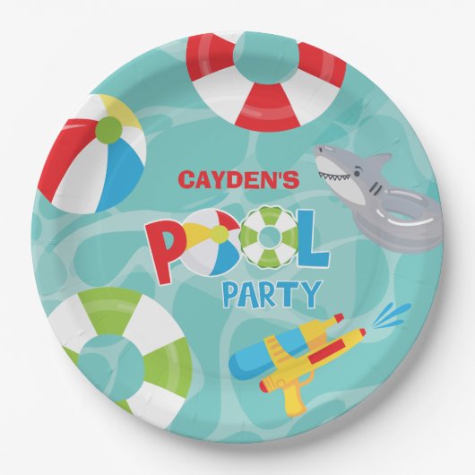 Pool Party Boy Birthday Shark Float Pappteller (Vorderseite)