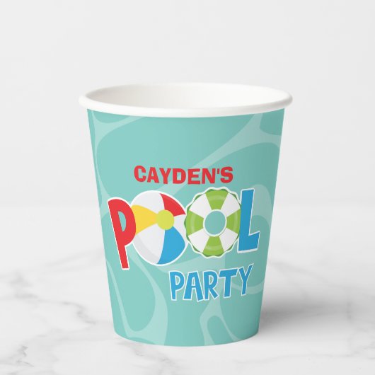 Pool Party Boy Red Blue Birthday Paper Cups Pappbecher (Vorderseite)