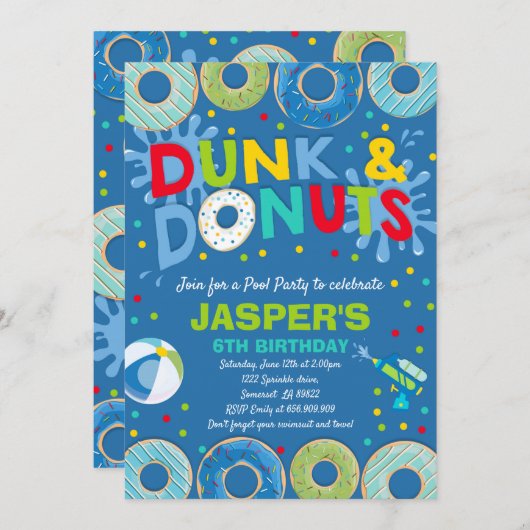 Pool-Party Einladung Dunk und Donuts Pool-Party (Vorne/Hinten)