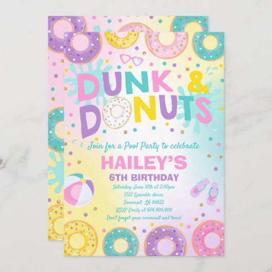 Pool Party Einladung Dunk und Donuts Pool Party (Vorne/Hinten)