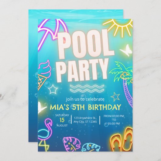 Pool Party Einladung, glänzender Neon Tropical Geb Einladung (Vorne/Hinten)
