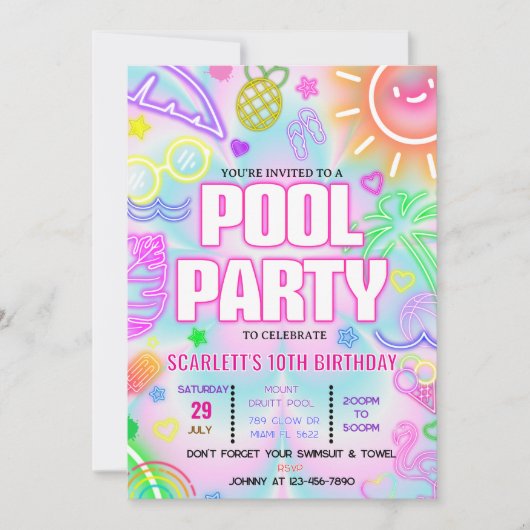 Pool-Party Einladung, glatter Neon Tropical PTD01 Einladung (Vorderseite)