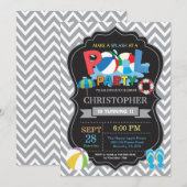 Pool Party Einladung Grau Splish Splash Boy (Vorne/Hinten)