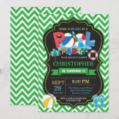 Pool Party Einladung Green Splish Splash Boy (Vorne/Hinten)