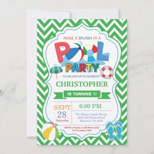 Pool Party Einladung Green Splish Splash Boy (Vorderseite)