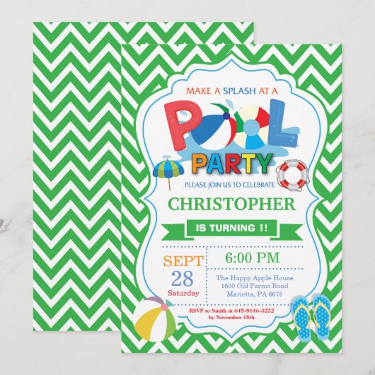 Pool Party Einladung Green Splish Splash Boy (Vorne/Hinten)
