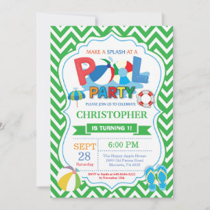 Pool Party Einladung Green Splish Splash Boy