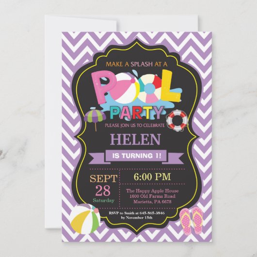 Pool Party Einladung Lila Splash Girl (Vorderseite)