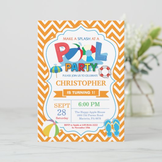 Pool Party Einladung Orange Splish Splash Boy (Stehend Vorderseite)