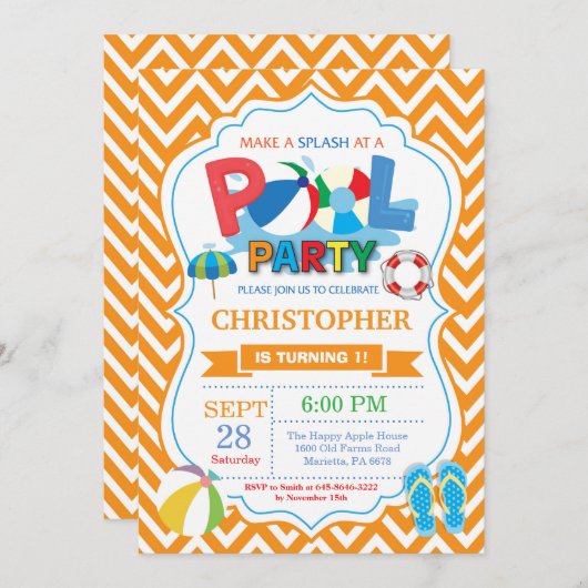 Pool Party Einladung Orange Splish Splash Boy (Vorne/Hinten)