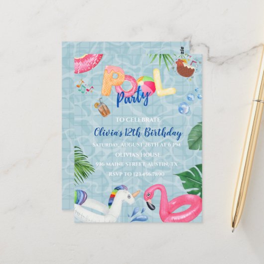 Pool-Party Einladung Postkarte (Vorderseite/Rückseite Beispiel)