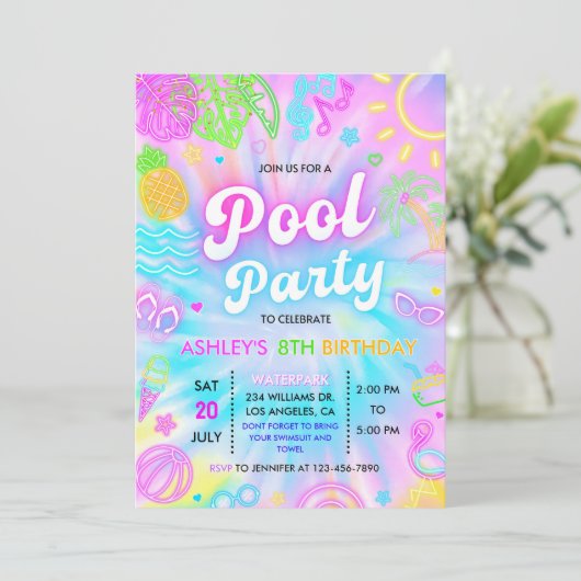 Pool-Party Einladung, Sommerglanz Neon Swim Party Einladung (Stehend Vorderseite)