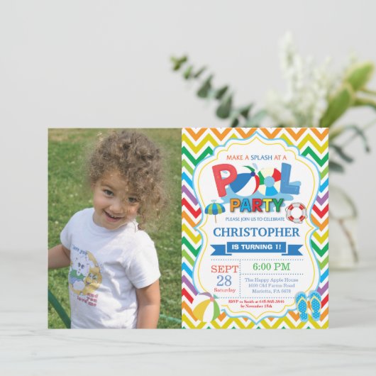 Pool Party Einladung Summer Splish Splash Boy (Stehend Vorderseite)