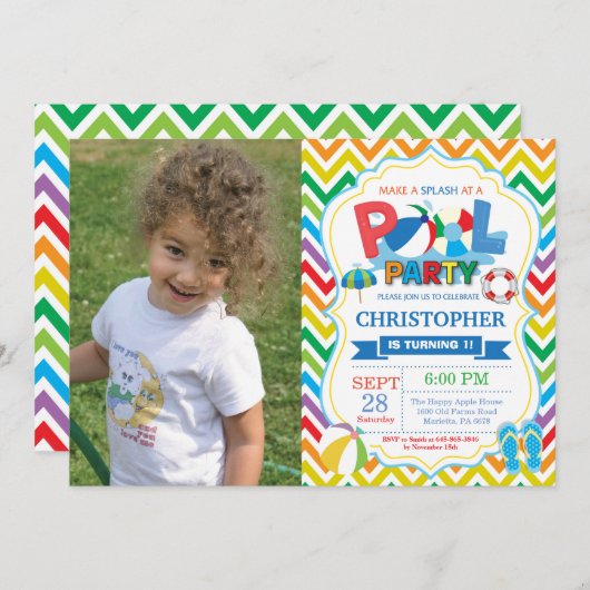 Pool Party Einladung Summer Splish Splash Boy (Vorne/Hinten)