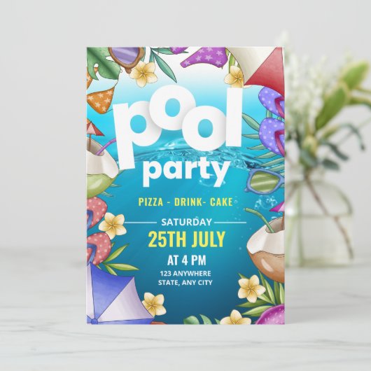 Pool-Party Einladung zum Geburtstag, Party im Somm (Stehend Vorderseite)