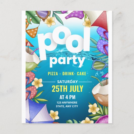 Pool-Party Einladung zum Geburtstag, Party im Somm Flyer (Vorne)