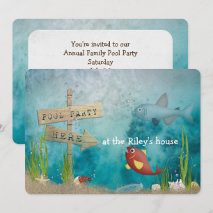 Pool Party-Fisch im Ozean mit Holzschild Einladung