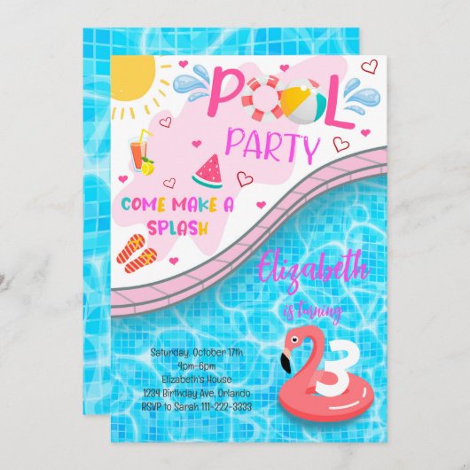 Pool Party Flamingo Geburtstag Einladung (Vorne/Hinten)