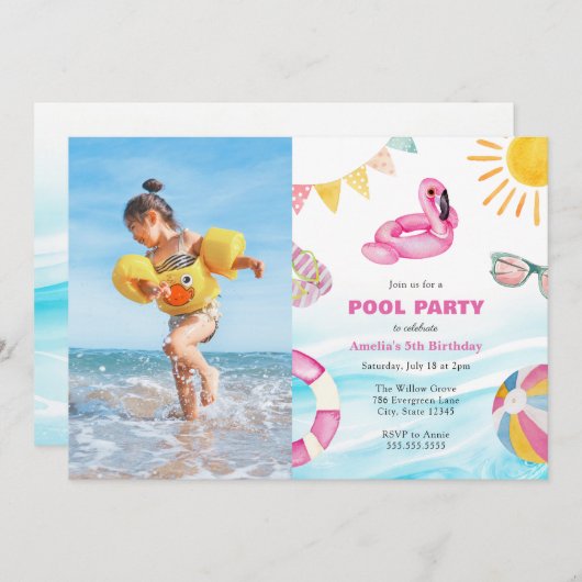 Pool Party Geburtstag Foto Einladung (Vorne/Hinten)