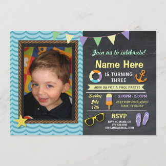 Pool Party Geburtstag Foto Sommer Blue Einladung