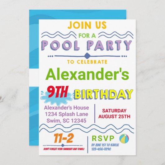 Pool Party Geburtstagseinladung Einladung (Vorne/Hinten)