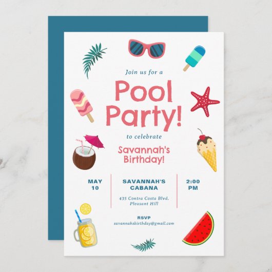 Pool Party Geburtstagseinladung Einladung (Vorne/Hinten)