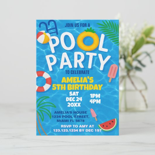 Pool Party Geburtstagseinladung Einladung (Stehend Vorderseite)