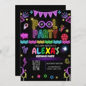 Pool Party Geburtstagseinladung, Neon Party Einladung (Vorne/Hinten)