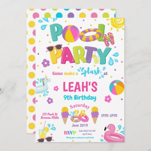 Pool Party Geburtstagsfeierlichkeiten Girls Einladung (Vorne/Hinten)