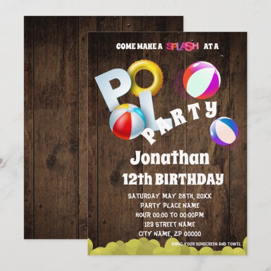 Pool Party Geburtstagsparty Einladung (Vorne/Hinten)