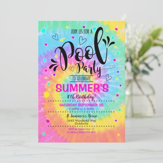 Pool Party Gefärbte Krawatte Einladung Pool Geburt (Stehend Vorderseite)